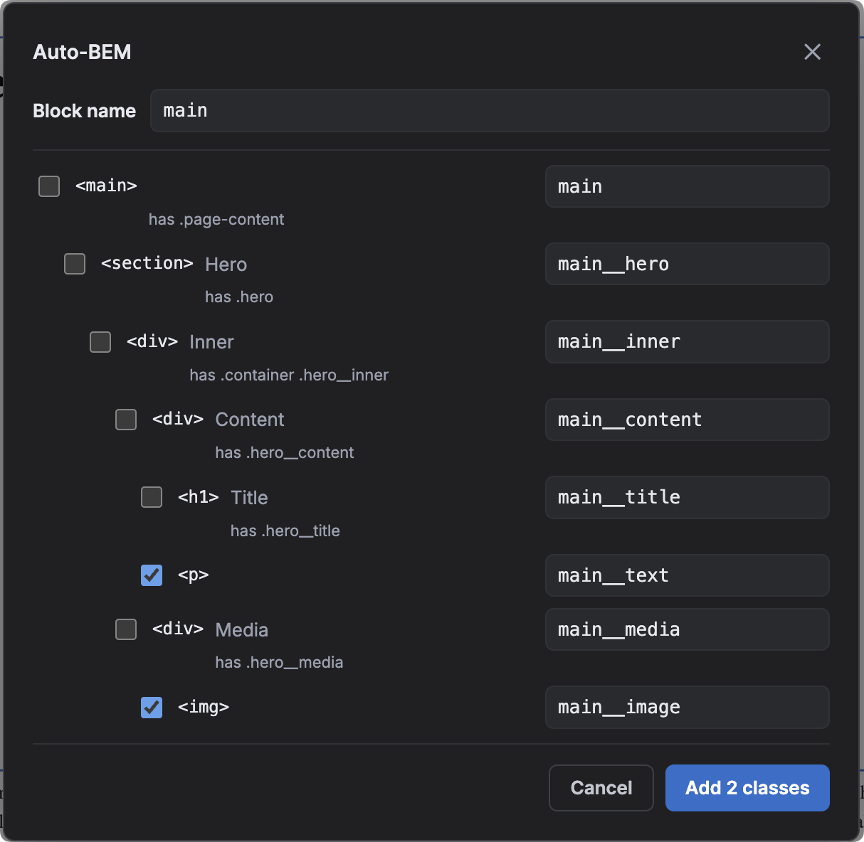 The DBE Auto-BEM dialog showing a main block and nested elements with suggested BEM class names, two selected elements and an Add 2 classes button.