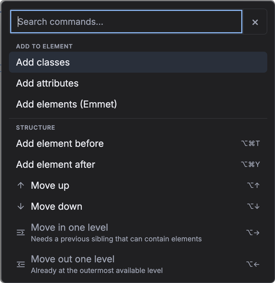 The DBE command palette showing a search field and commands for adding classes, attributes and elements, followed by structure actions and their keyboard shortcuts.