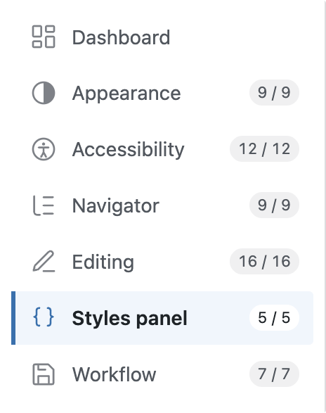 The DBE dashboard navigation showing Dashboard, Appearance, Accessibility, Navigator, Editing, Styles panel and Workflow sections with feature counts.