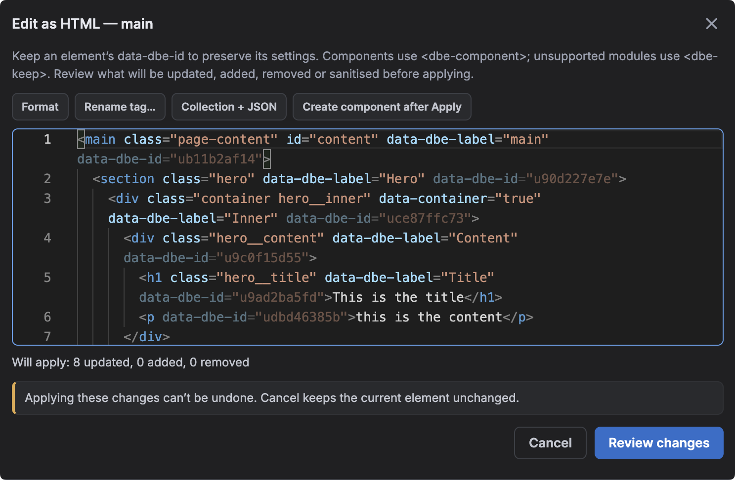 The DBE Edit as HTML dialog showing a Builderius main element and its nested HTML, formatting and rename tools, an update summary and a Review changes button.
