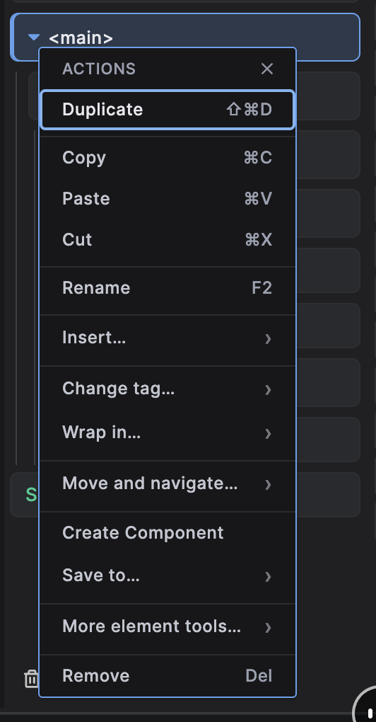 The DBE Navigator context menu open on a main element, with Duplicate focused and grouped actions for copy, paste, rename, insert, move, components and removal.