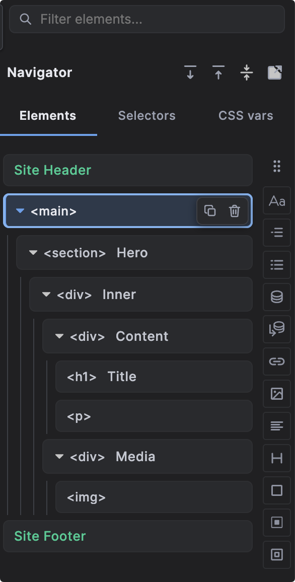 The enhanced Builderius Navigator showing a nested page structure with HTML tag badges and Duplicate and Delete actions on the selected main element.