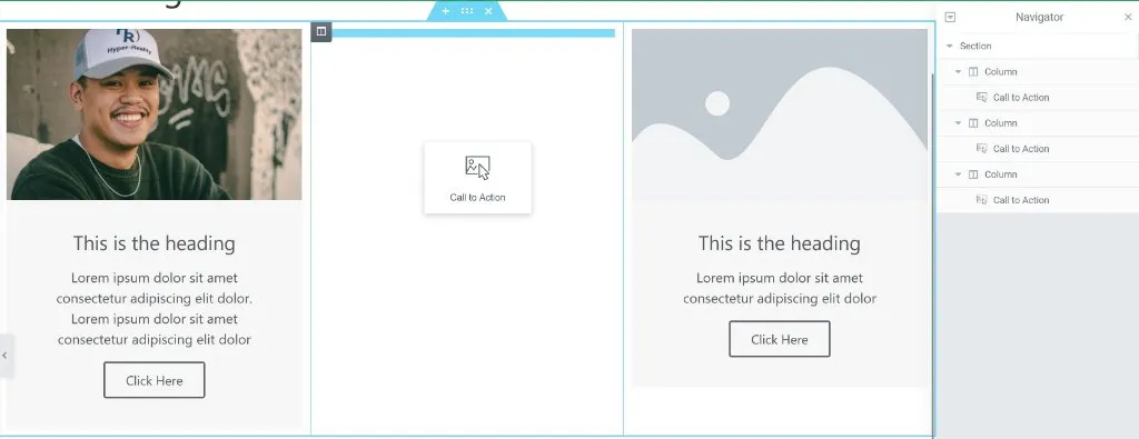 One section with 3 columns and a CTA widget in each