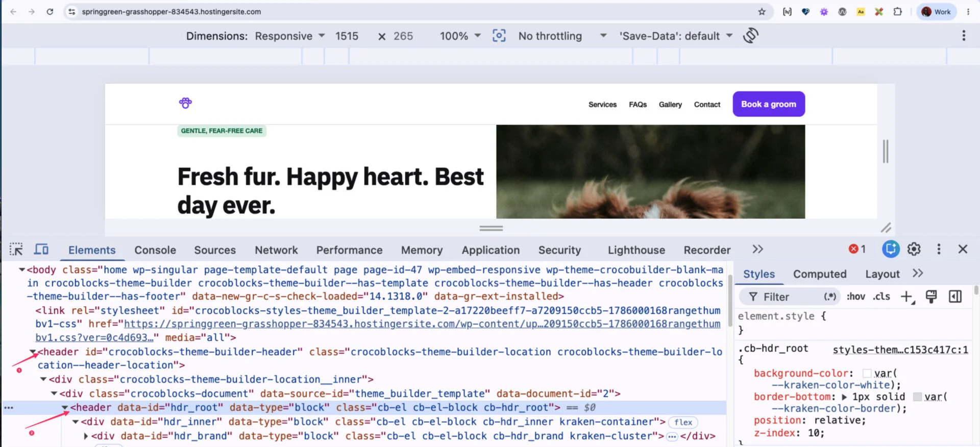 Chrome DevTools showing one renderer-owned header element containing a second header element in Abdul Musqit’s demo site.