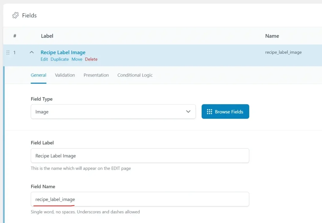 screenshot showing the acf taxonomy field name