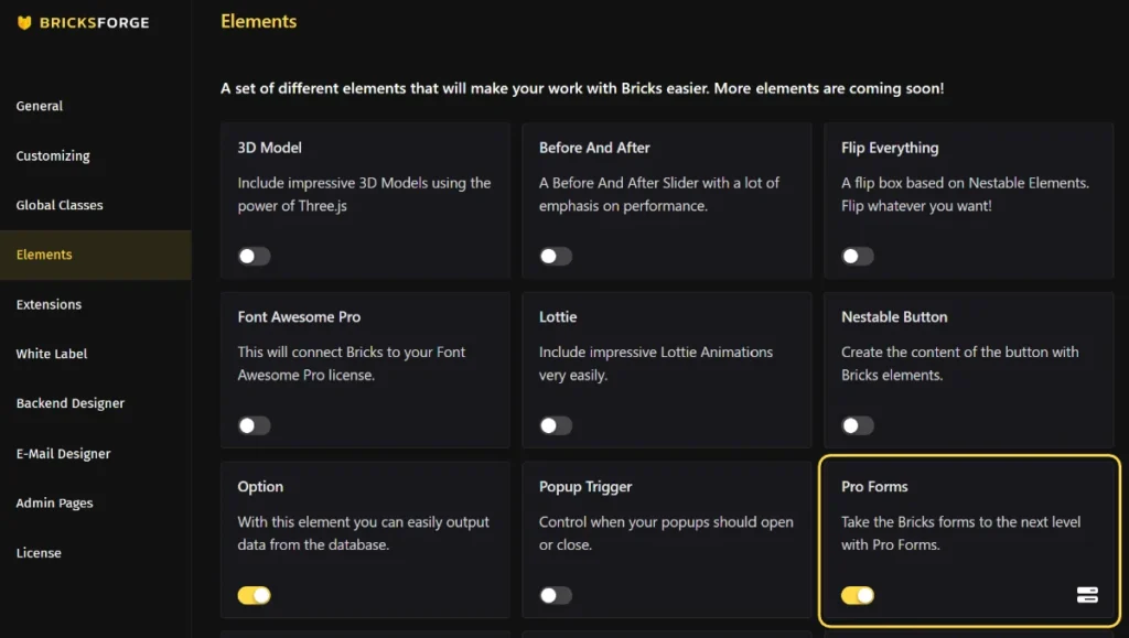 Overview of the Bricksforge elements settings with the Pro Forms activated and highlighted.
