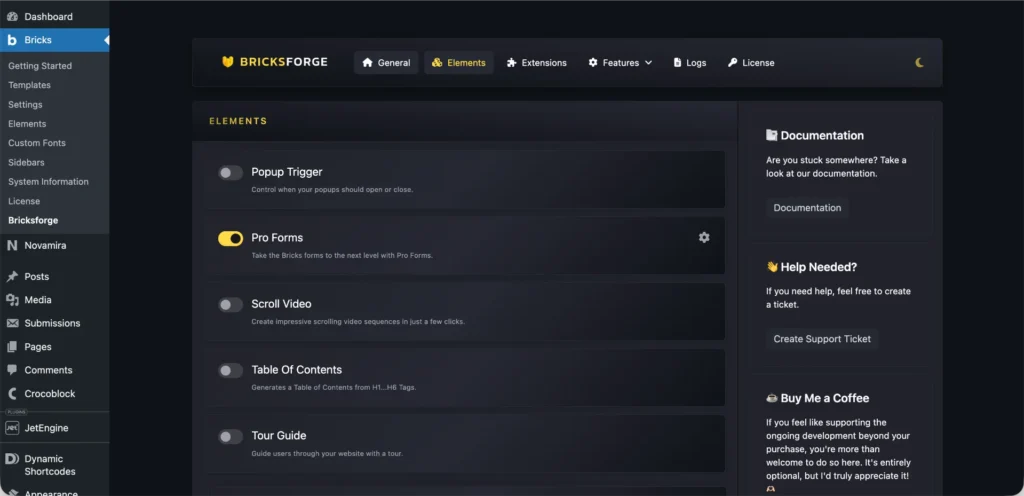 The Bricksforge Element settings showing the Pro Forms option toggled on. 