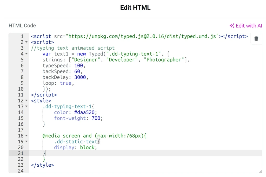 add style to the static typed text
