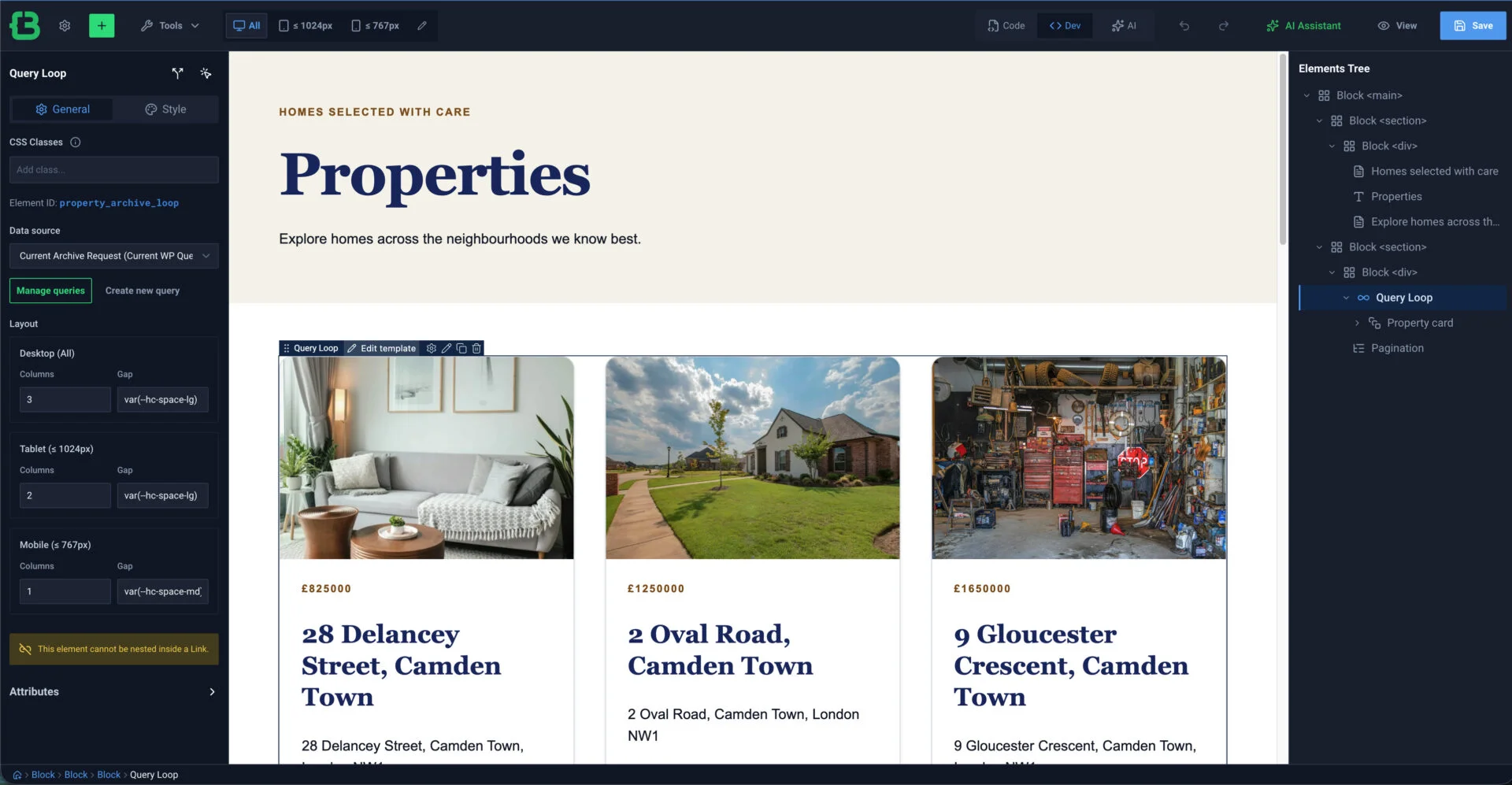 CrocoBuilder visual editor showing a Property archive query loop with three property cards and responsive column settings.