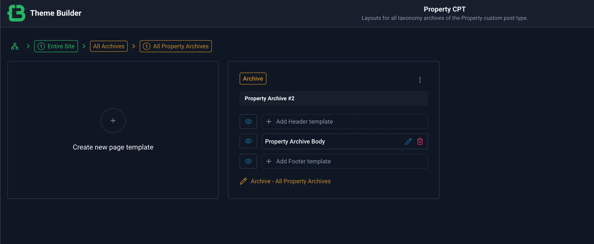 CrocoBuilder Theme Builder showing the Property Archive Body template assigned to all Property archives.