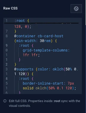 Crocobuilder raw CSS tab showing container query styles and modern oklch colour syntax