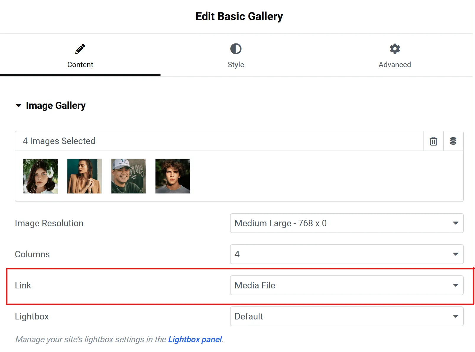 the content tab of the basic gallery with a highlight of the link set to media file