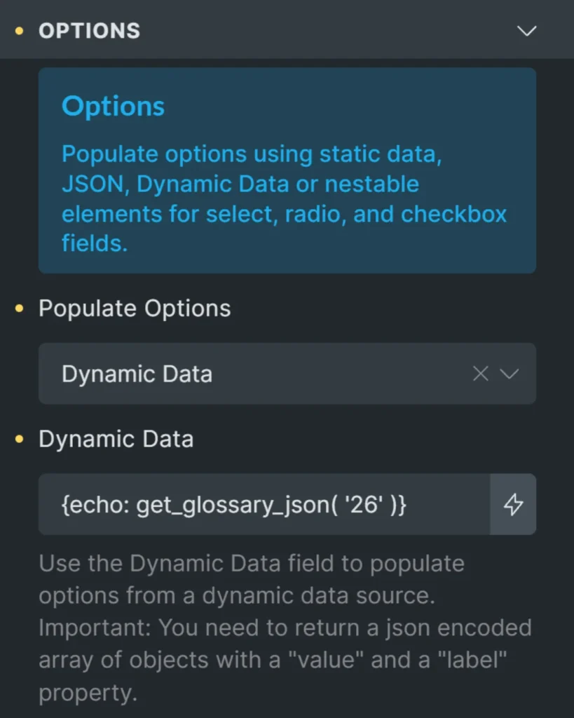 Bricksforge select field element settings showing the Options section with Dynamic Data selected, containing the echo function to populate select field options.