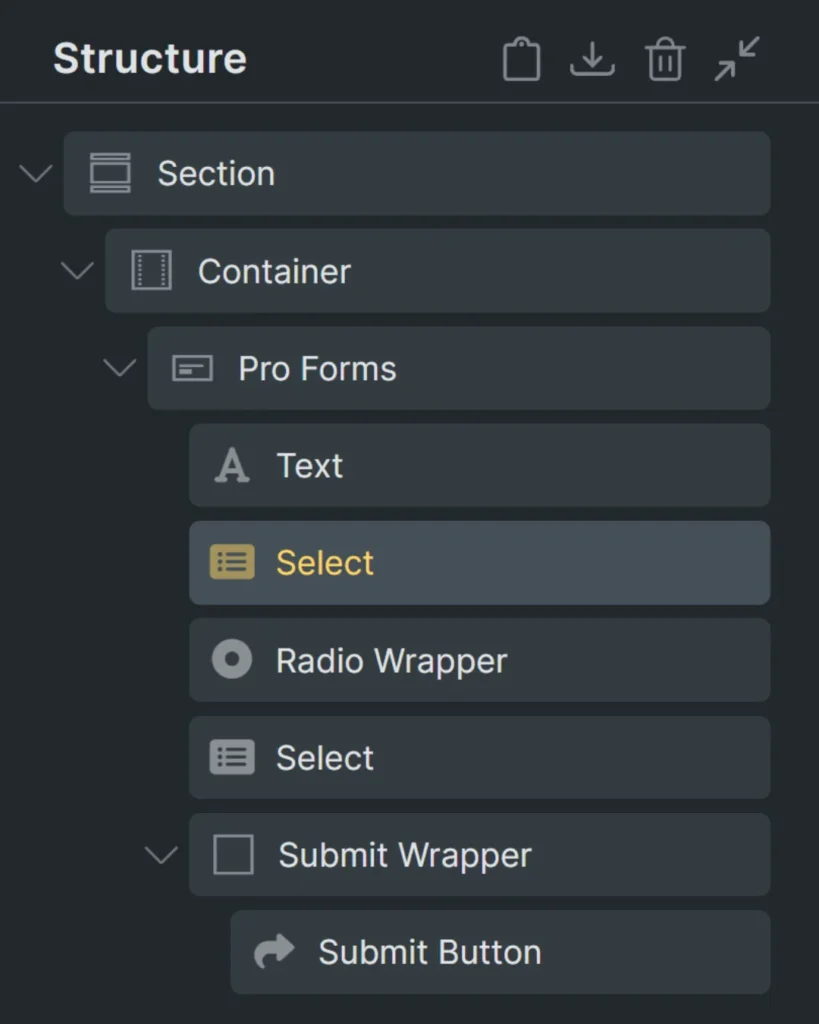Bricks structure panel showing the Bricksforge pro form nested elements including a select field