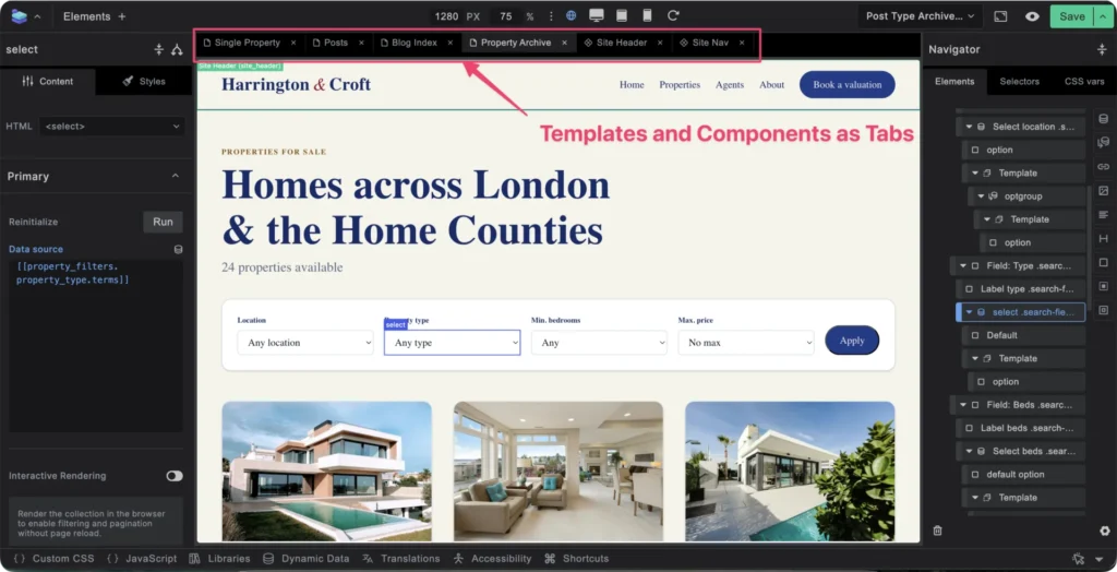 The Builderius editor with several templates and components open as tabs across the top of the interface