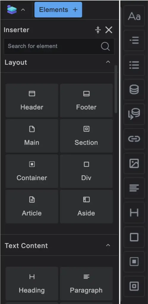 Builderius Elements Inserter showing a couple of layout elements