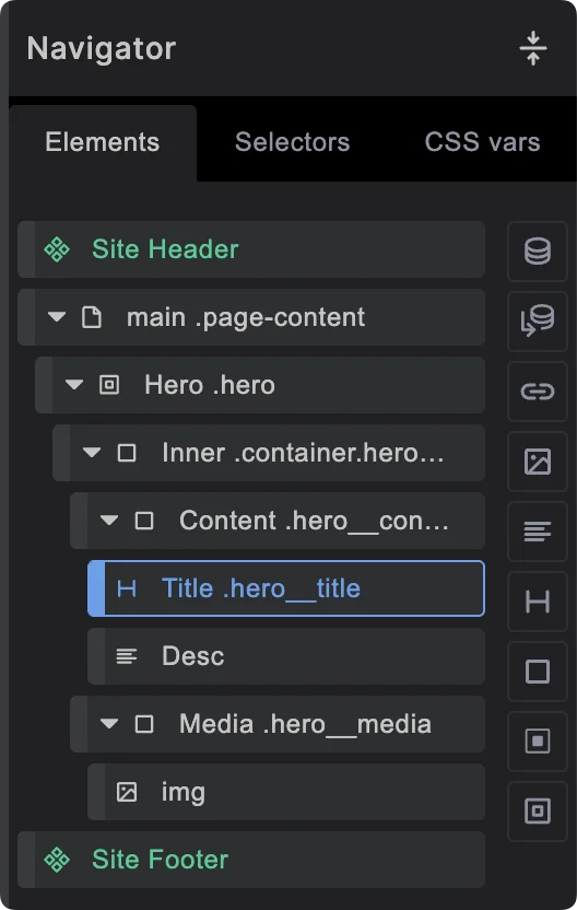 Builderius navigator showing the elements tree for a typical hero section