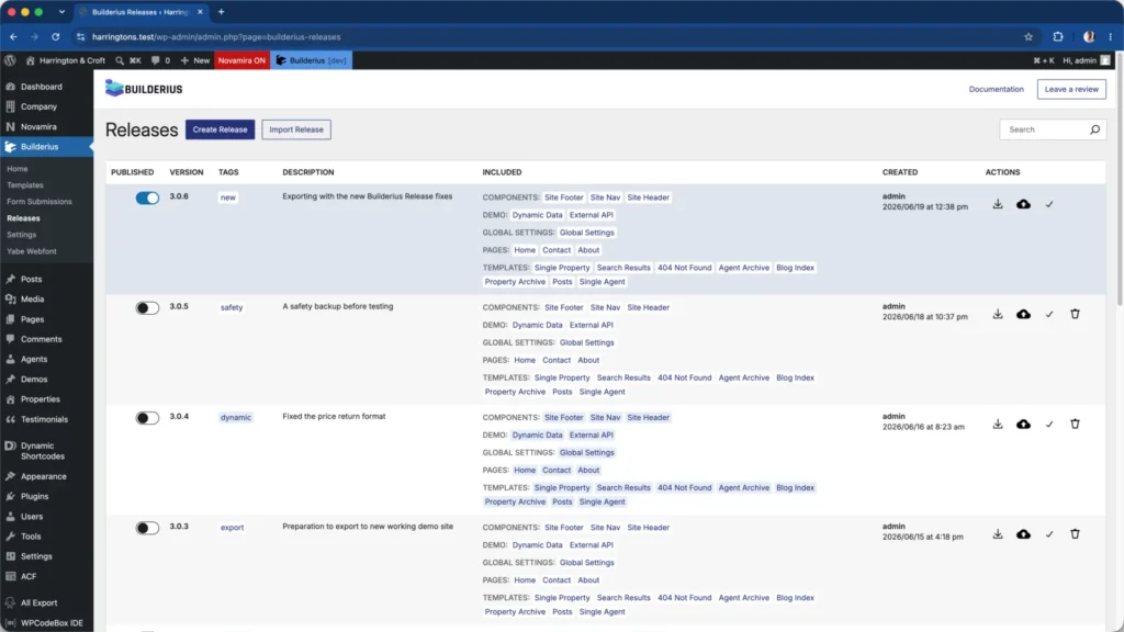 Builderius Releases Page showing a couple of created releases