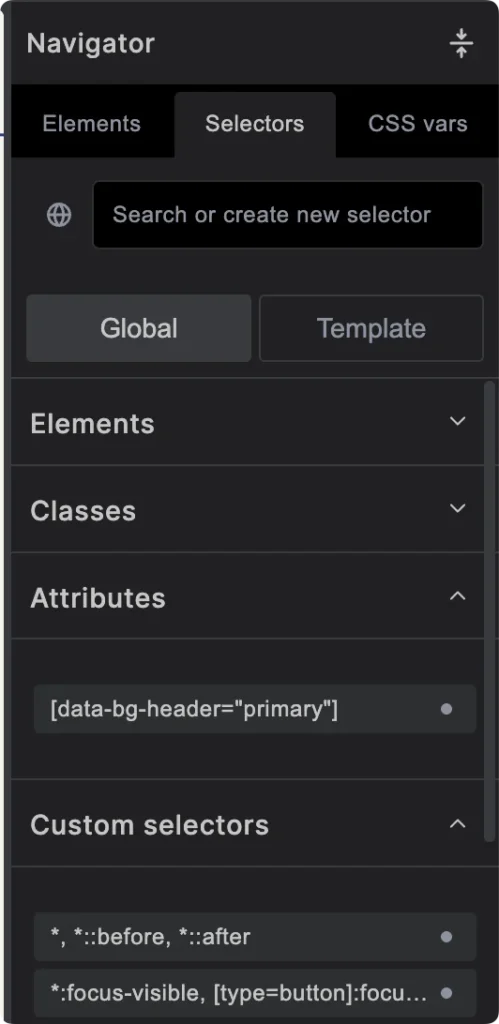 Builderius Selectors Tab showing different types of selectors