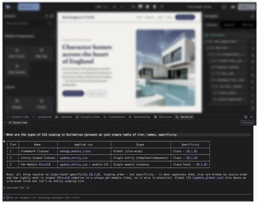Builderius Sense AI tab with question about CSS