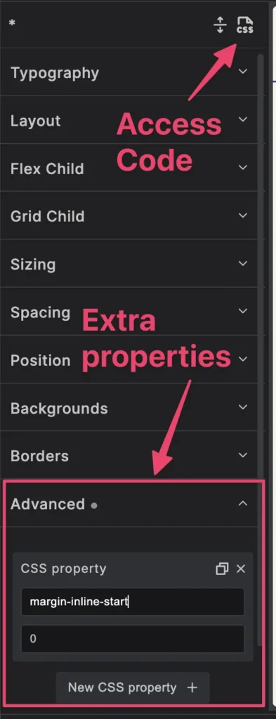 Builderius Styles tab showing the code editor button and the advanced section