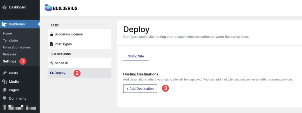 Builderius Settings panel open on the Deploy tab, ready to add a new deploy location