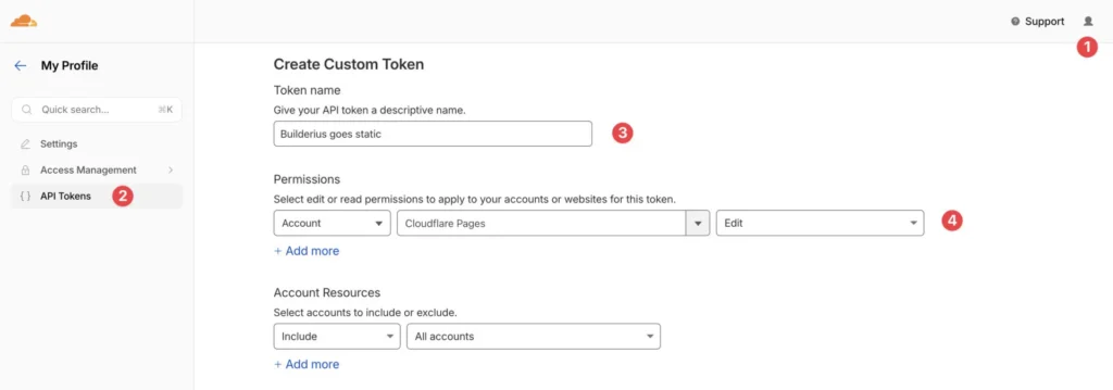 Cloudflare API Tokens page showing a custom token with the Cloudflare Pages Edit permission selected under Account