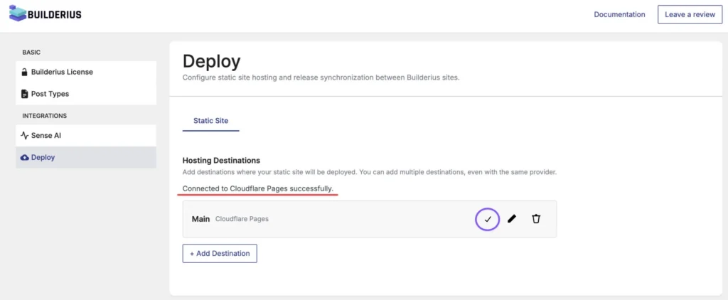 Builderius Deploy settings with a Cloudflare Pages location configured, displaying a Connected successfully confirmation