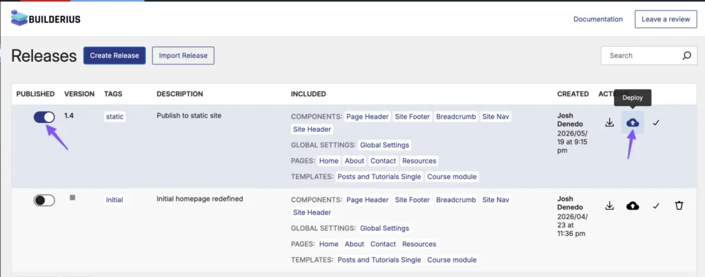Builderius Releases screen with a new release form showing version number and tag fields, ready to publish