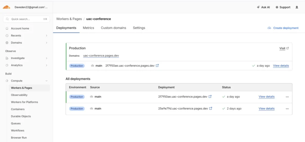 Cloudflare Workers and Pages dashboard showing the deployed project with its latest deployment listed