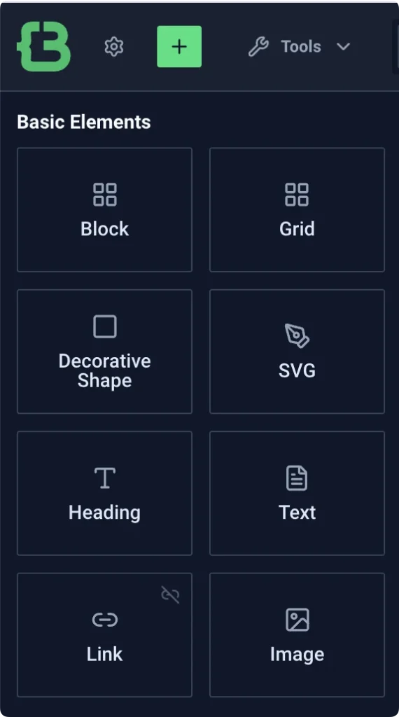 CrocoBuilder Basic Elements panel listing Block, Grid, Decorative Shape, SVG, Heading, Text, Link and Image.