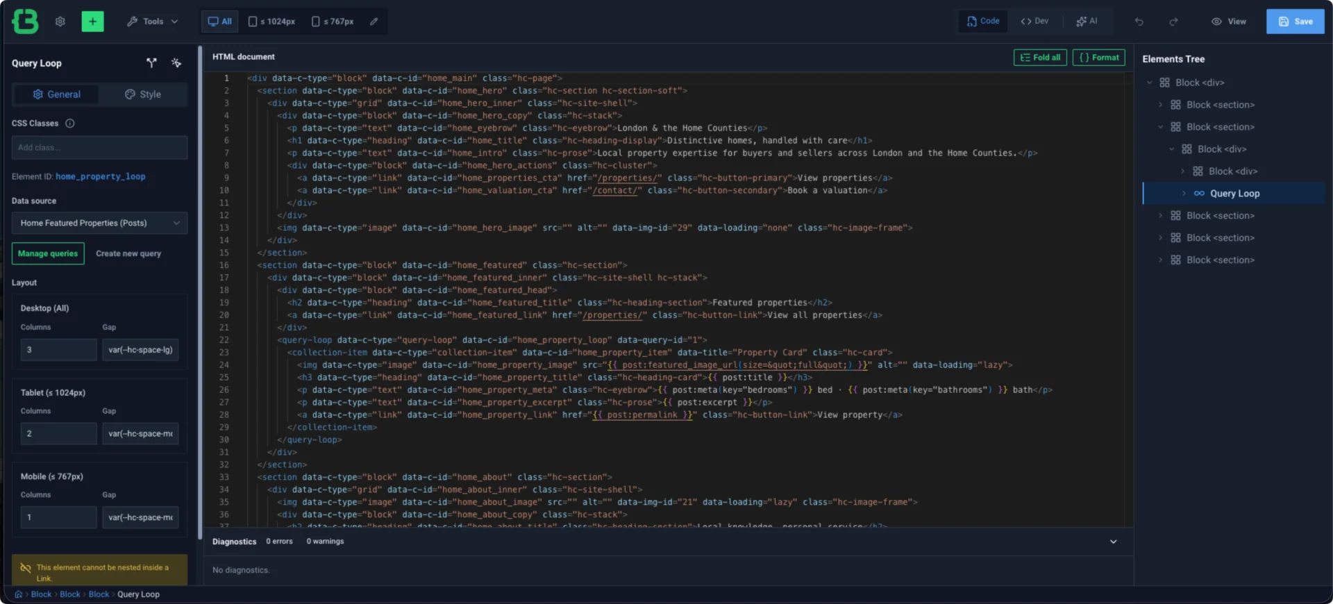 CrocoBuilder Code editor showing the HTML-like document for the demo estate agency home page.