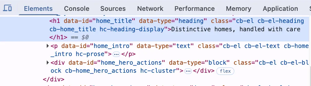 Browser developer tools showing the resulting H1 element, including CrocoBuilder data attributes and classes, for “Distinctive homes, handled with care”.