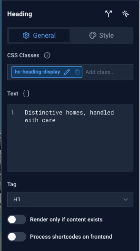 CrocoBuilder Heading settings showing the text “Distinctive homes, handled with care”, the hc-heading-display CSS class and the H1 tag.