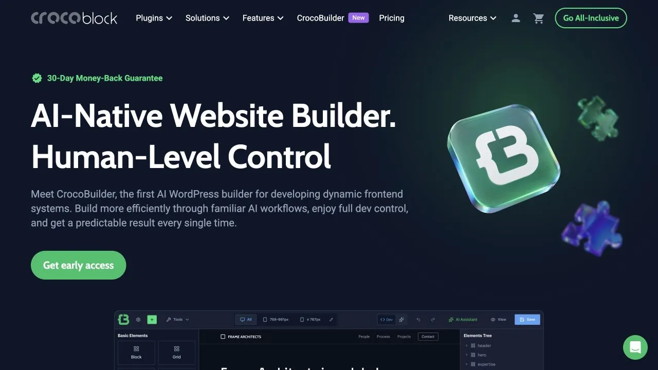 CrocoBuilder landing page showing the headline AI-Native Website Builder. Human-Level Control beside the CrocoBuilder logo.