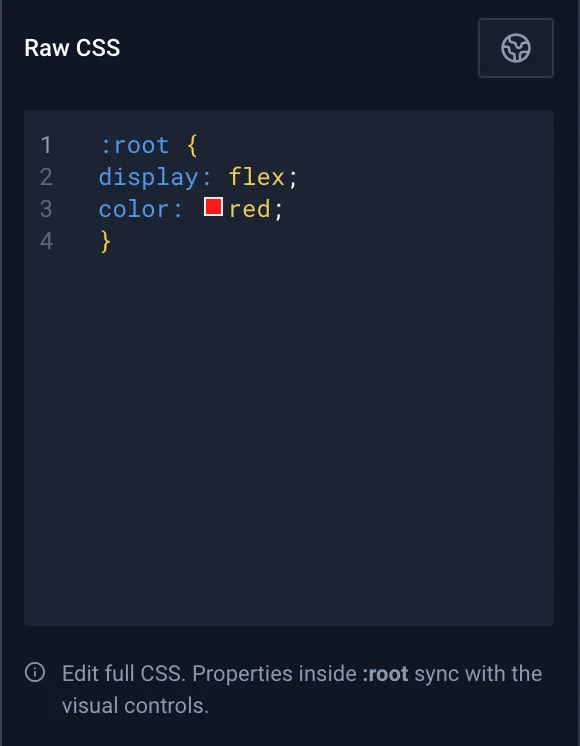 CrocoBuilder Raw CSS editor after saving, with the nested rule flattened to color: red on :root.