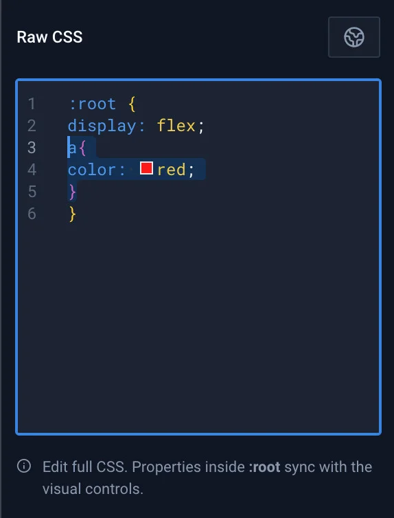 CrocoBuilder Raw CSS editor before saving, showing a nested a selector inside :root.