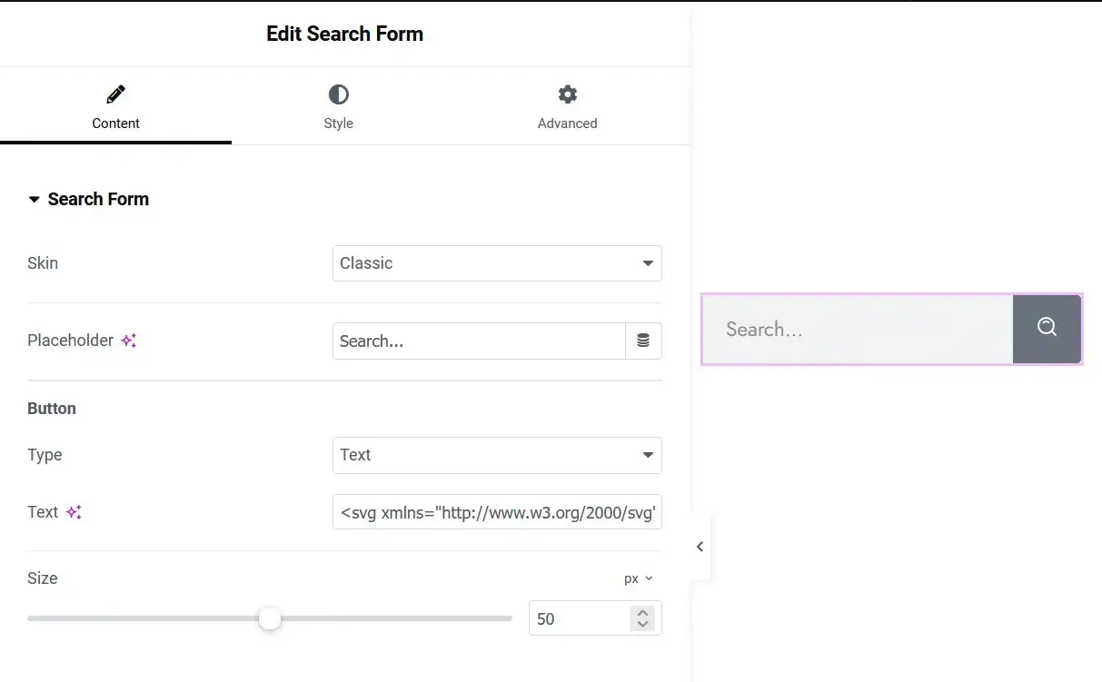 add svg code to search form widget with classic skin
