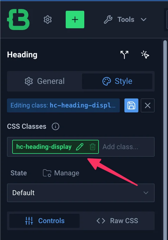 CrocoBuilder Style panel showing the pencil icon used to edit the global hc-heading-display class.