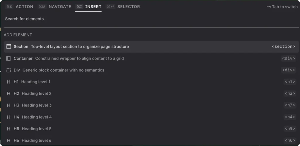 Etch command palette open on the Insert Element tab, ready to search for and insert an element