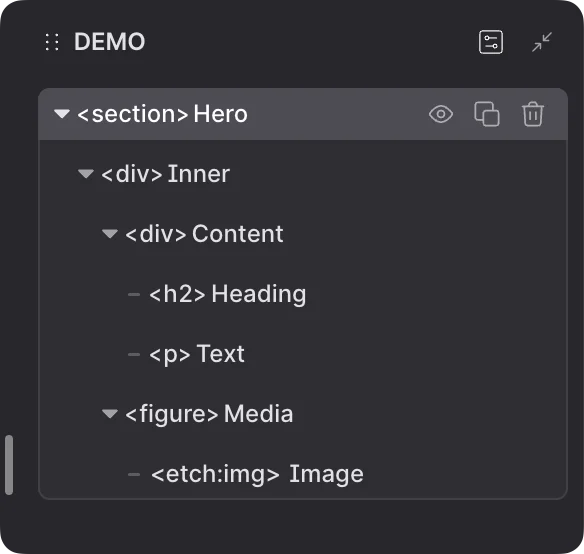 Etch navigator panel showing the structure tree of a hero section, with each element labelled by its HTML tag and a custom name