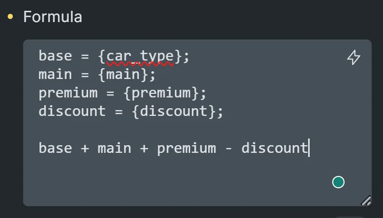 formula used in the calculation field for the total price