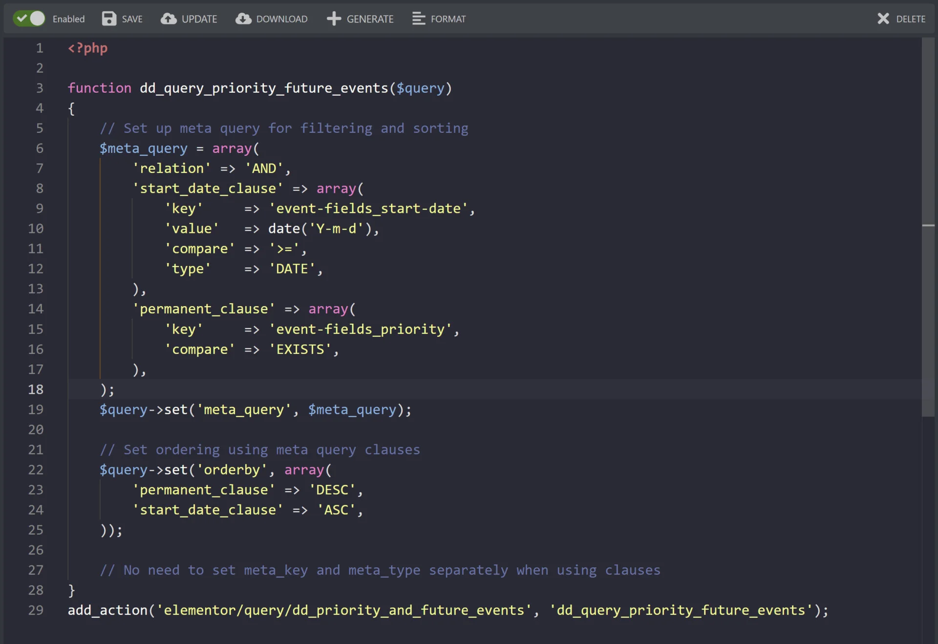 Screenshot of the Code Snippet for the Order Elementor Loop Grid by start date with priority items