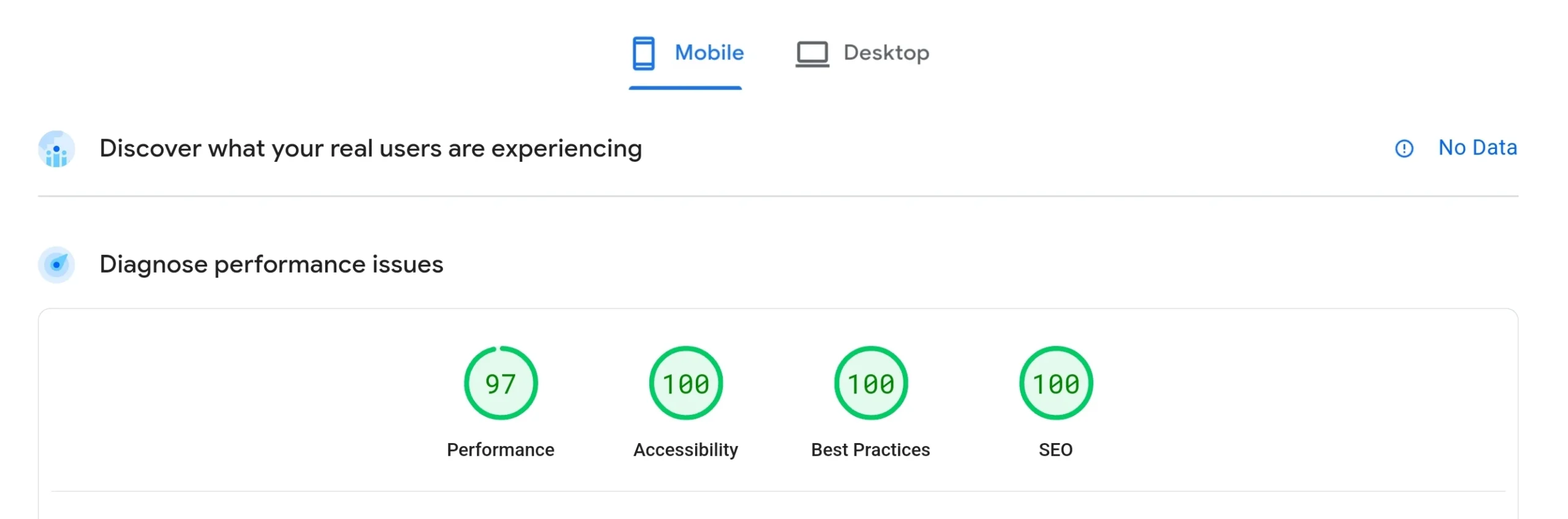 Screenshot of Google PageSpeed Insights with excellent scores: 97% performance, 100% in accessibility, best practices and SEO.