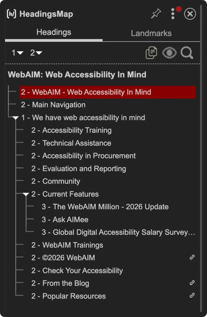 A screenshot of the headings outline for the WebAim homepage showing two h2 appearing before the h1 tag, taken using the HeadingsMap chrome extension