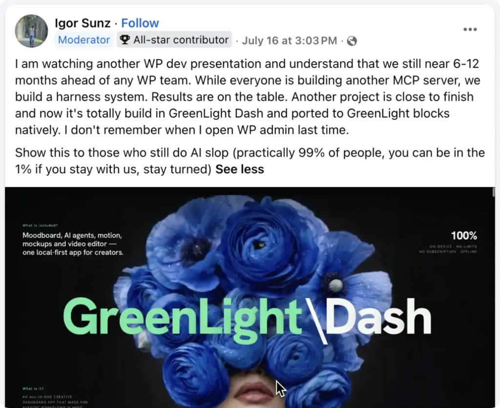 Facebook post by Igor discussing GreenLight Dash, direct WordPress connections and token use with MCP servers