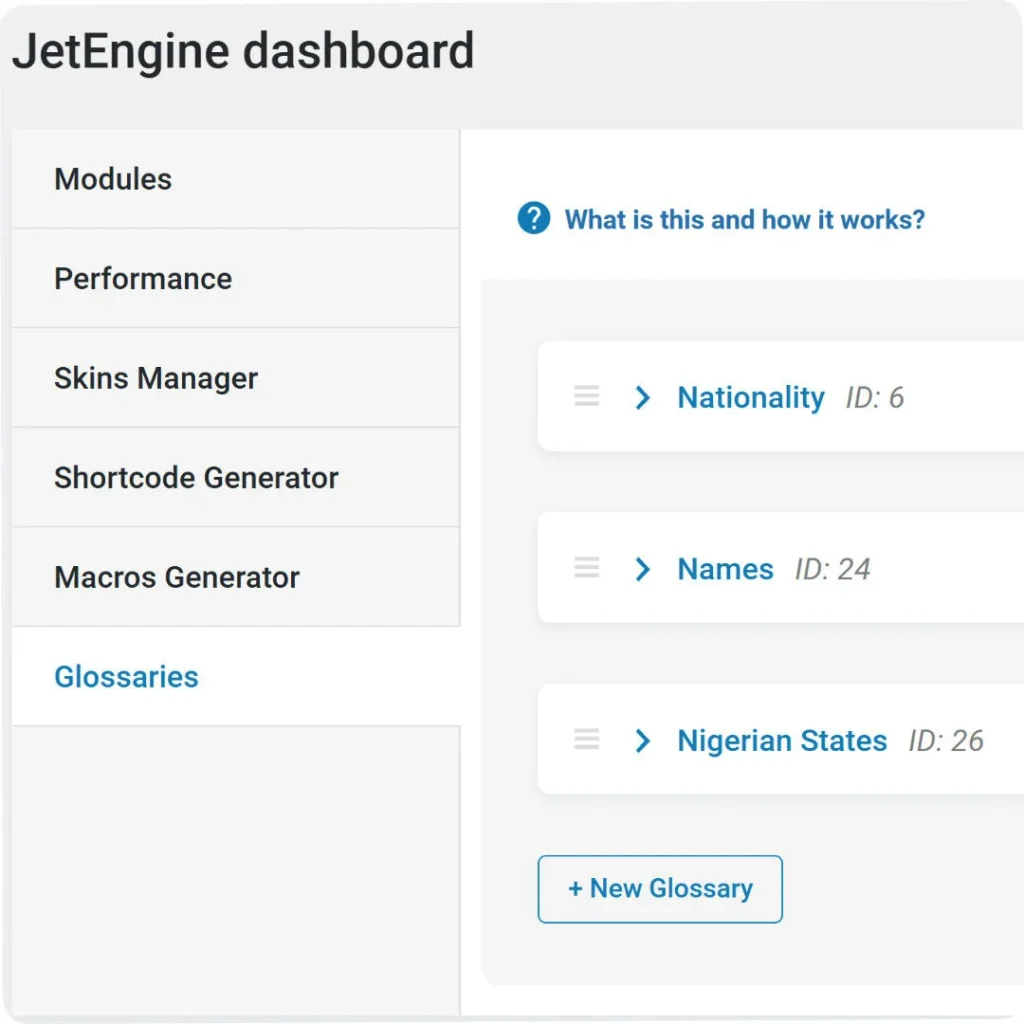 JetEngine dashboard showing Glossaries section with three items: Nationality (ID: 6), Names (ID: 24), and Nigerian States (ID: 26), plus a New Glossary button.