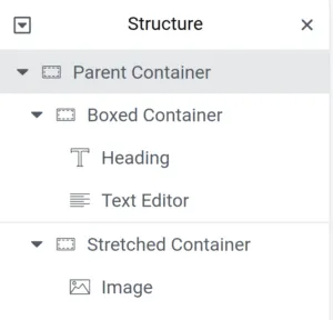 screenshot of elementor navigation panel showing the parent container with two child containers and widgets in those child containers