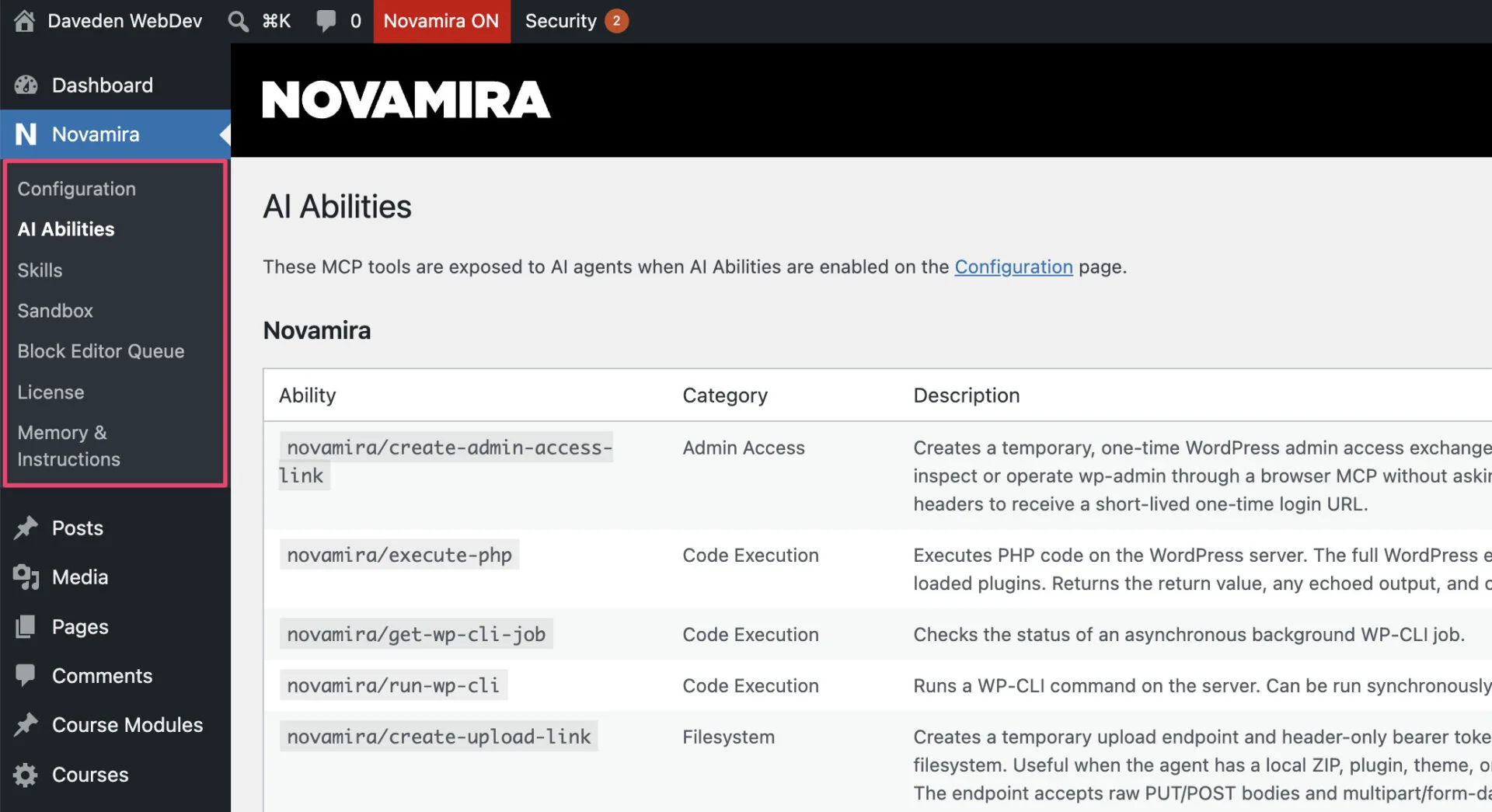 Novamira list of subpages in the wp admin