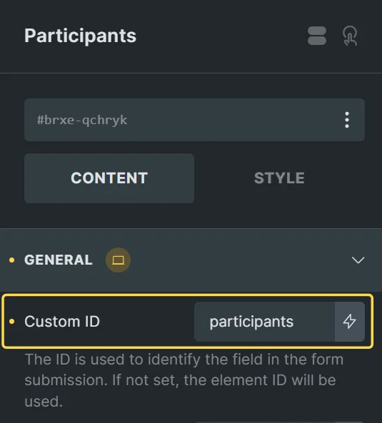 Elements settings of a Pro Form number field element with the Custom ID set to participants